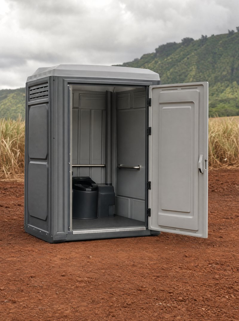 A wider accessible portable restroom unit with a full width door open, a level ground height entry and an interior grab bar.