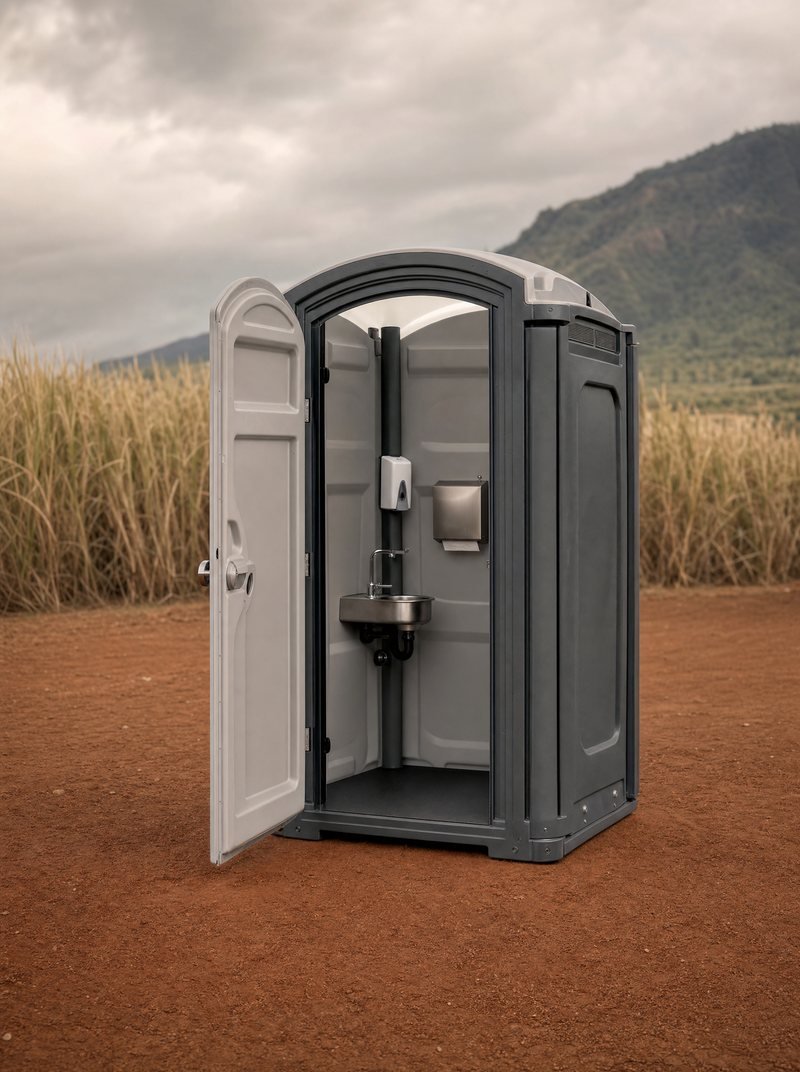 A portable restroom unit with its door open, showing a stainless handwash basin and a soap dispenser mounted inside.