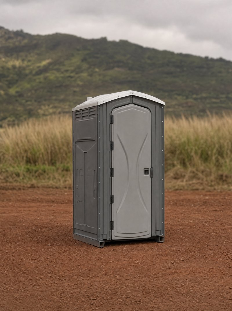 A charcoal grey portable restroom unit standing on red volcanic dirt at a Maui jobsite, with dry cane grass and a green ridge behind it.